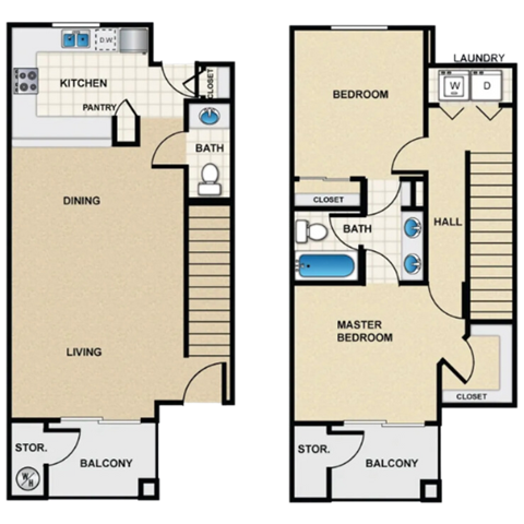 Floor plan for 2 beds, 1.5 baths, 1052 sqft